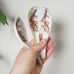 Antique Japanese Ceramic Dragon Design Spoon Set Of 3